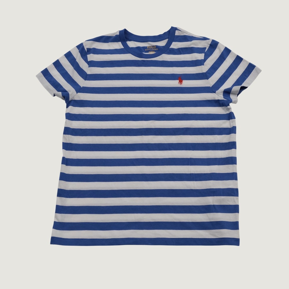 Polo Ralph Lauren T Shirt Womens Blue White Striped Pony Logo M Short Sleeve - Picture 1 of 7